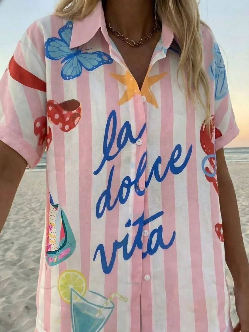 Baby Pink Casual Women's Vacation Printed Shirt & Shorts Set